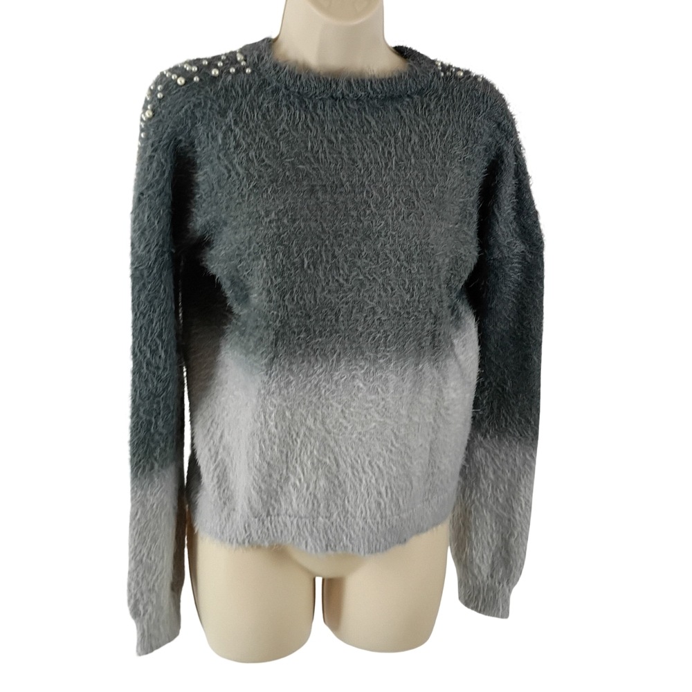 VENUS Ombre Gray Fuzzy Crewneck Sweater with Shoulder Pearls